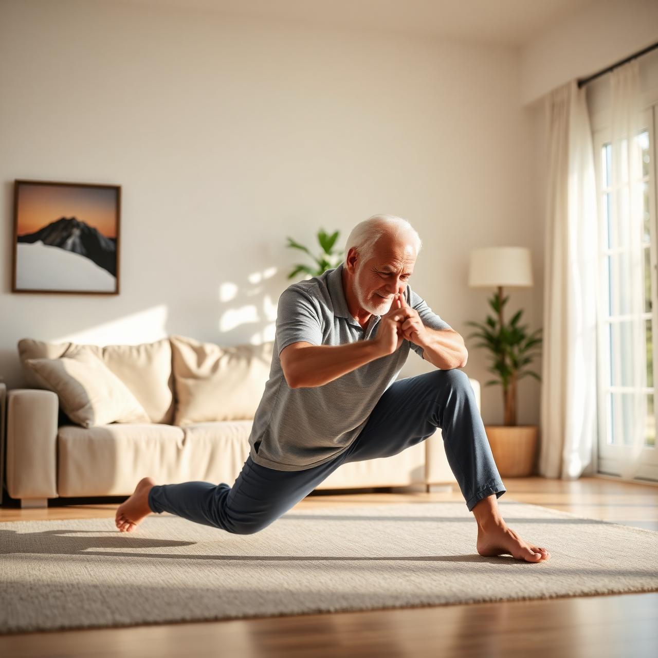 Senior performing physical therapy at home